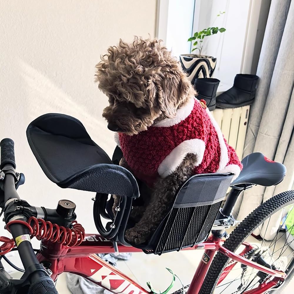 Dog Bicycle Seat Carrier – Sturdy Metal Basket with Soft Cushion, Handlebar/Top-Tube Mount, Dual Safety Tethers, Travel Pet Bike Basket for Small Dogs & Cats