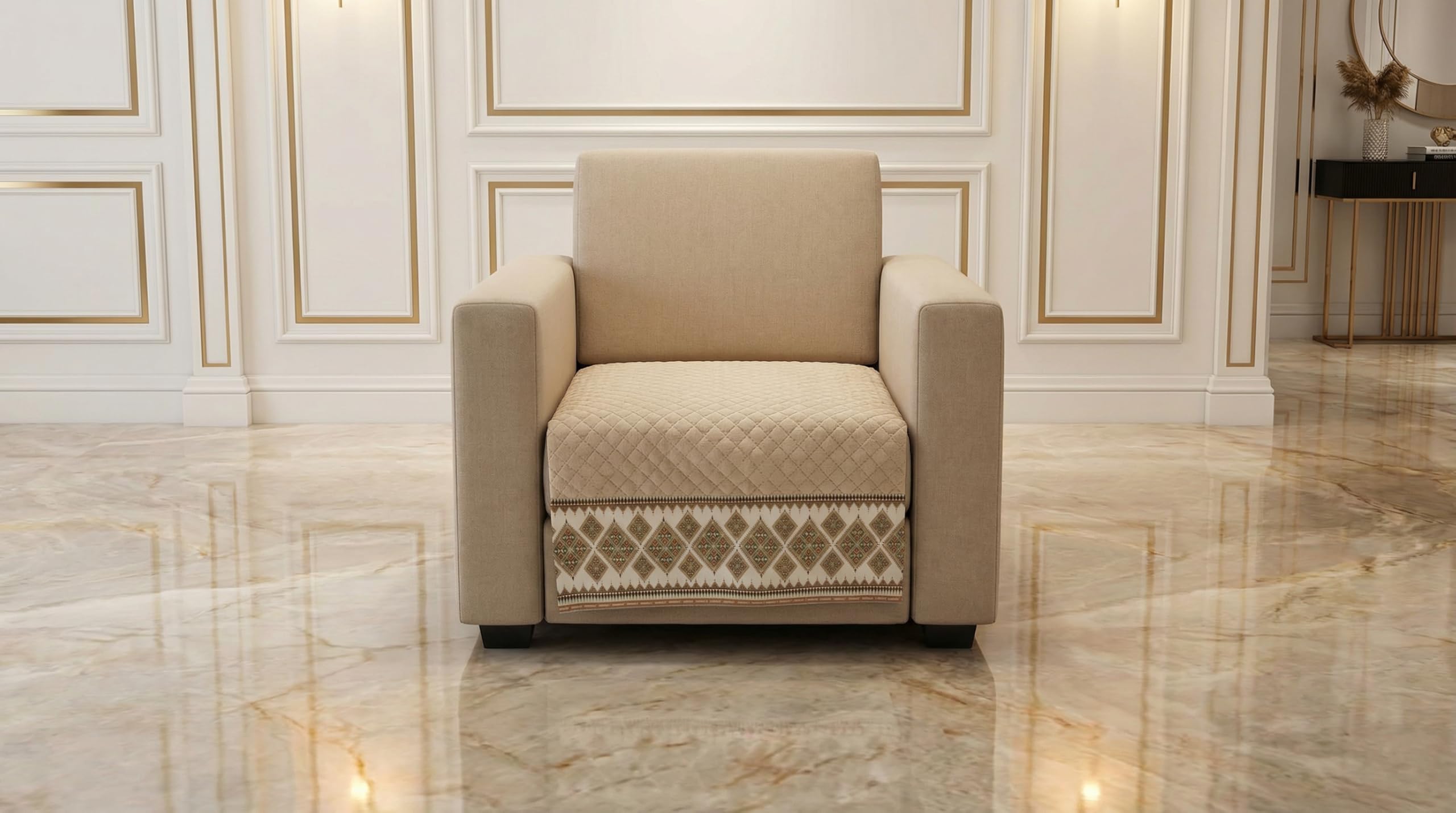 KINGLY Velvet Quilted Sofa Cover Mat Seat & Back, 1 Seater, L23in H32in, Beige Color, Japanese Tech Anti Skid Backing, 6in Hanging Strap Design, Washable Soft, Anti Slip, Separate, Style KVS-Beige-S1-image-8