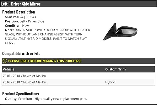 Miniatura 1 de Espejo eléctrico izquierdo del lado del conductor, pintura a juego, con vidrio calentado y señal de giro, sin asistencia de cambio de carril -