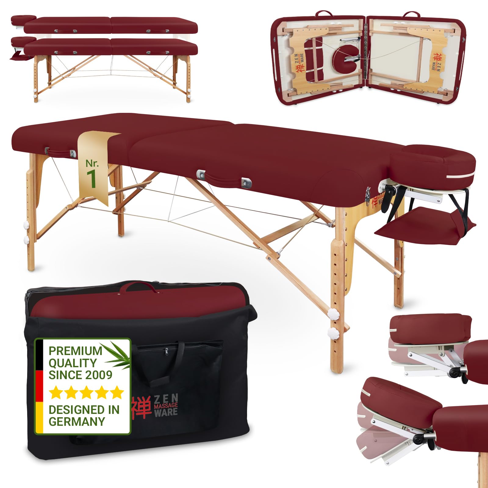 ZEN - Lettino massaggio Round Corner mobile pieghevole®olabile - Tavolino massaggio in legno angoli rotondi per massaggi attivi - Panchina massaggi con poggiatesta, braccioli e borsa (bordeaux)