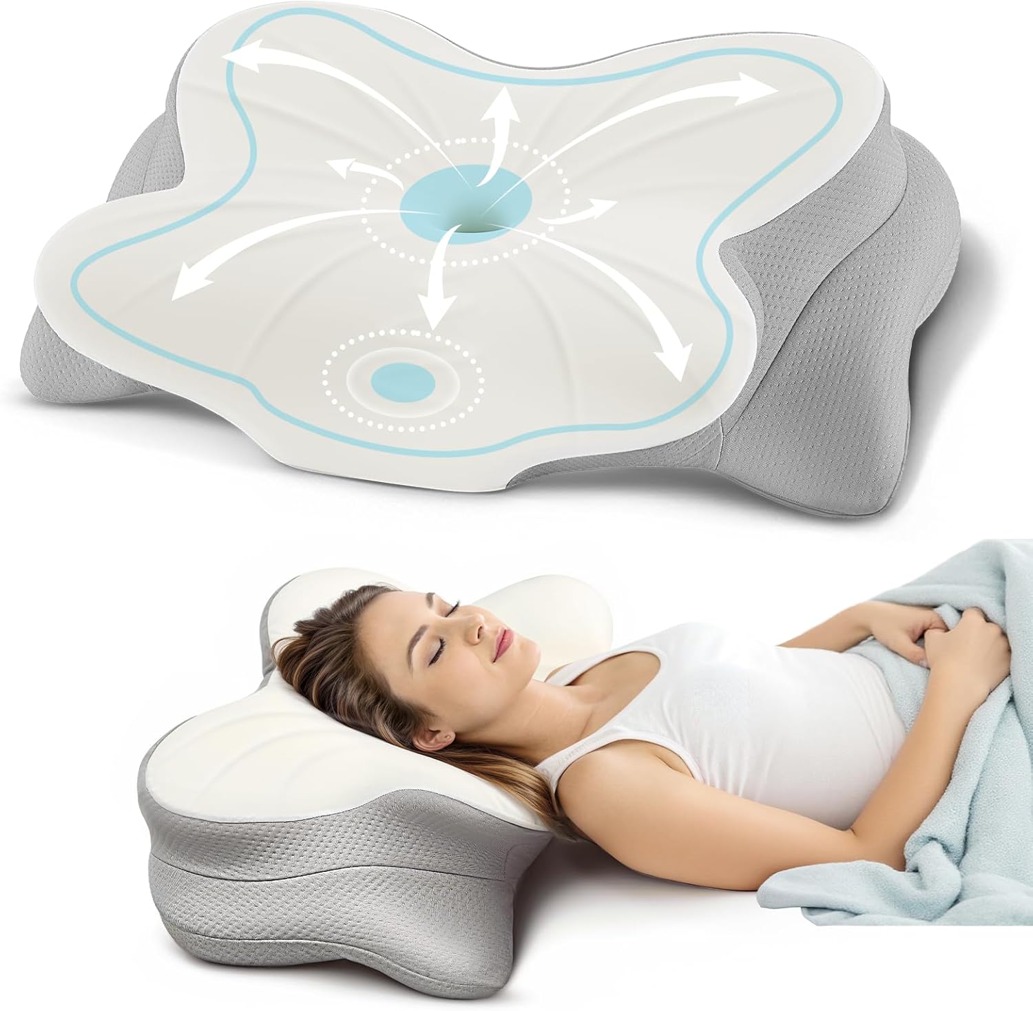 Neck Pillow Cervical Memory Foam Pillows for Neck and Shoulder Pain Relief, Side Sleeper Pillow, Contoured Support Pillows, 2 in 1 Ergonomic Orthopedic Bed Pillow (Grey & White, XXL)