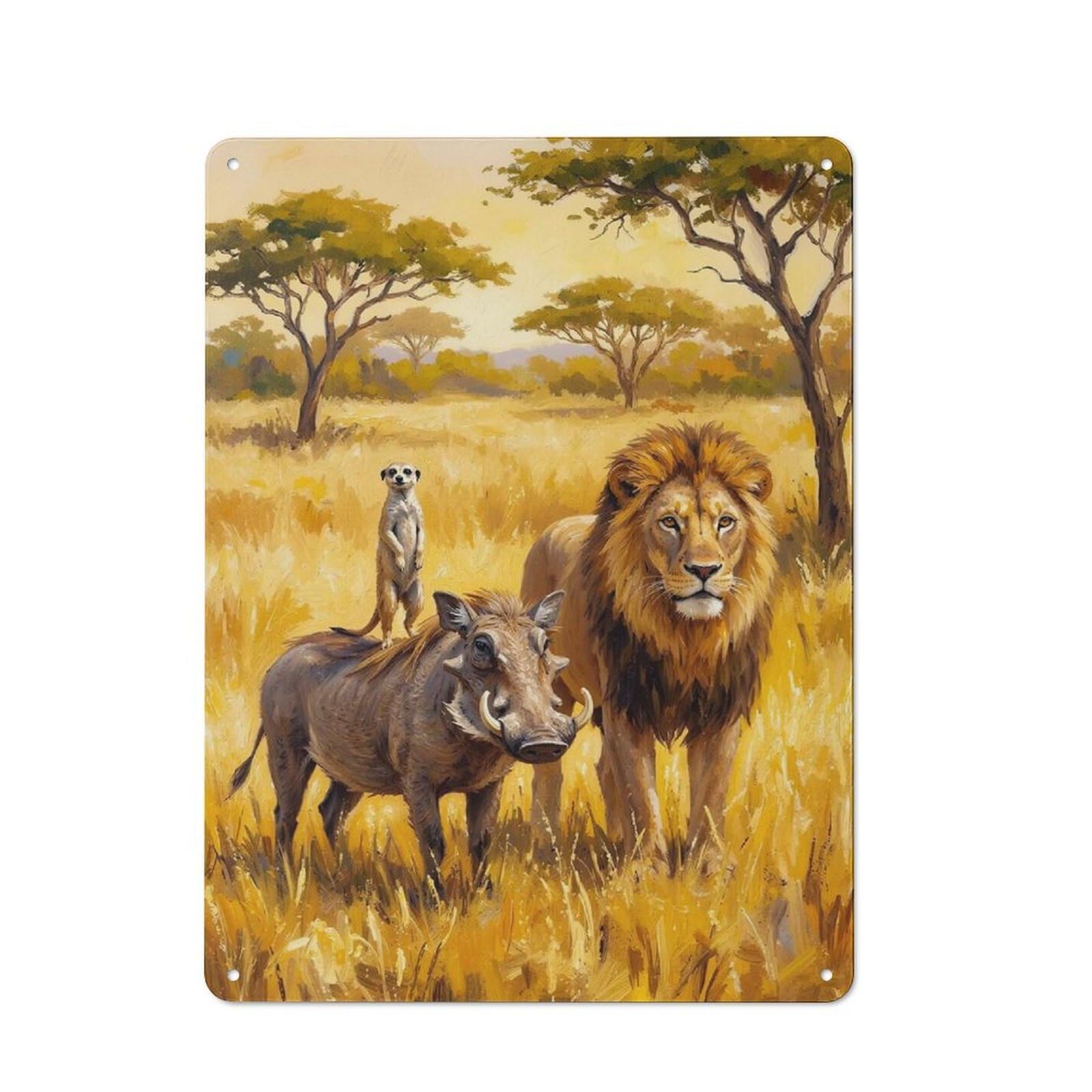 Junmoney Style Loft Metal Wall Art Sign 40X30cm Featuring Lion, Warthog, And Meerkat In Savannah, Urban Room Decor For Loft, Studio, Office Or Creative Room