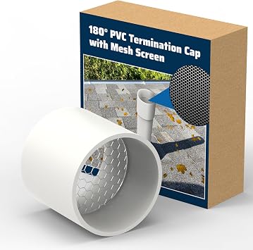 PVC Vent Termination Cap, 1 Pcs Roof Vent Cap with Pipe Screen, 180-Degree Elbow for 2" Schedule 40 Round PVC Pipe, Vent Cover with Stainless Steel Mesh Screen for Blocking Leaves