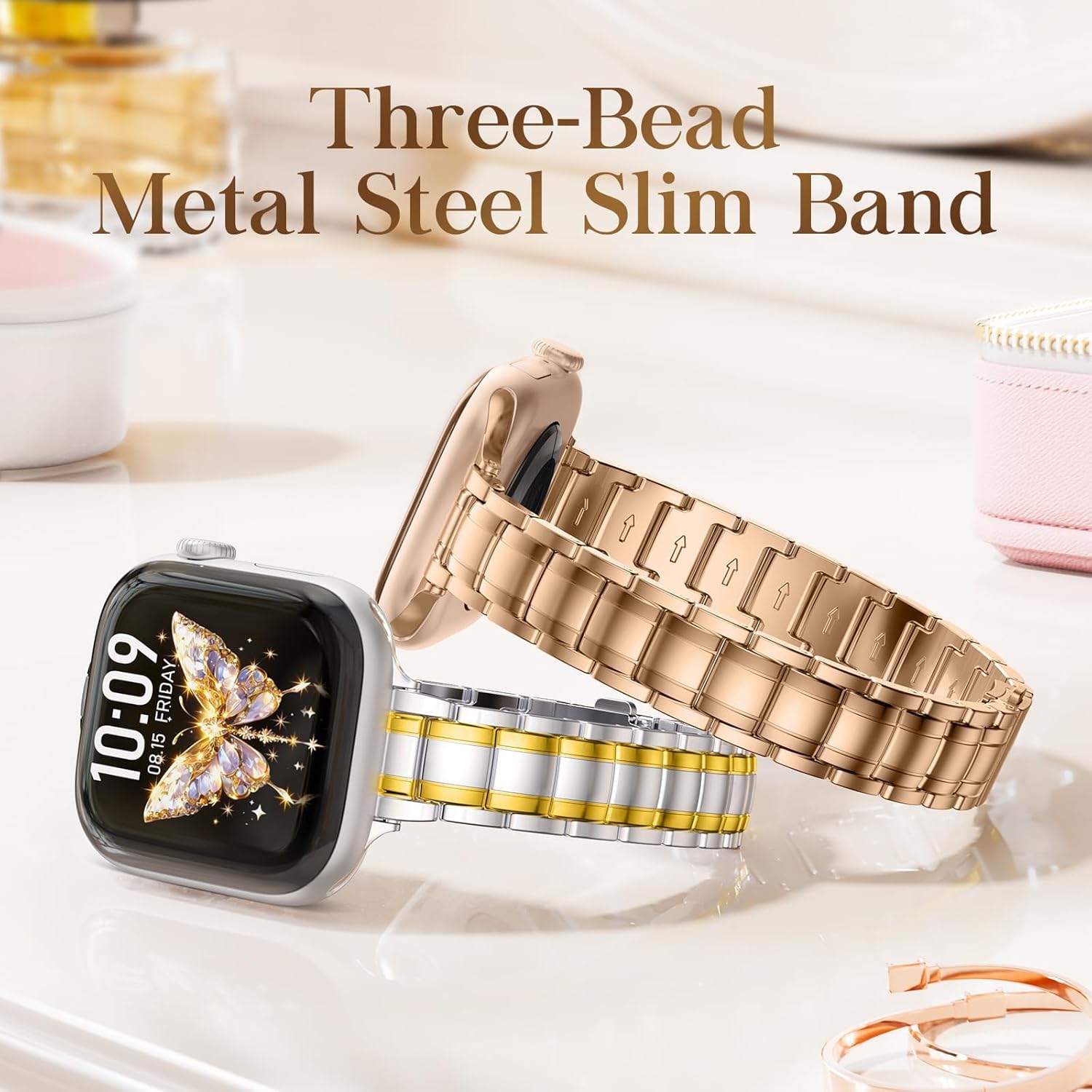 SOLOLUP Slim Metal Band Compatible With Apple Watch Bands for Women SE 3/2/1 40mm 41mm 38mm 42mm,Thin Dressy Stainless Steel Chains Strap for iWatch Band Series 11 10 9 8 7 6 5 4 3,Rose Gold - Image 5