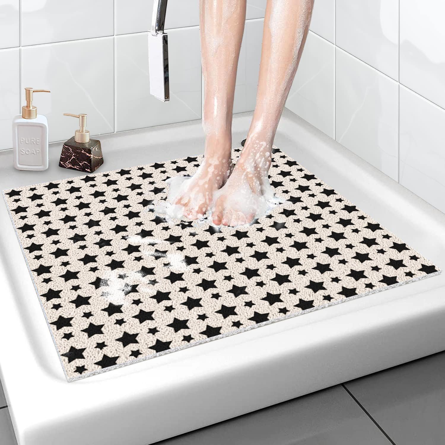 Mateju Alfombra Baño Ducha Cuadrada Antideslizante, Alfombra Baño Interior de Lufa Secado Rapido - Suave y Cómoda para Dentro Duchasalir de la Ducha (Estrellas Negras,60 * 60cm)