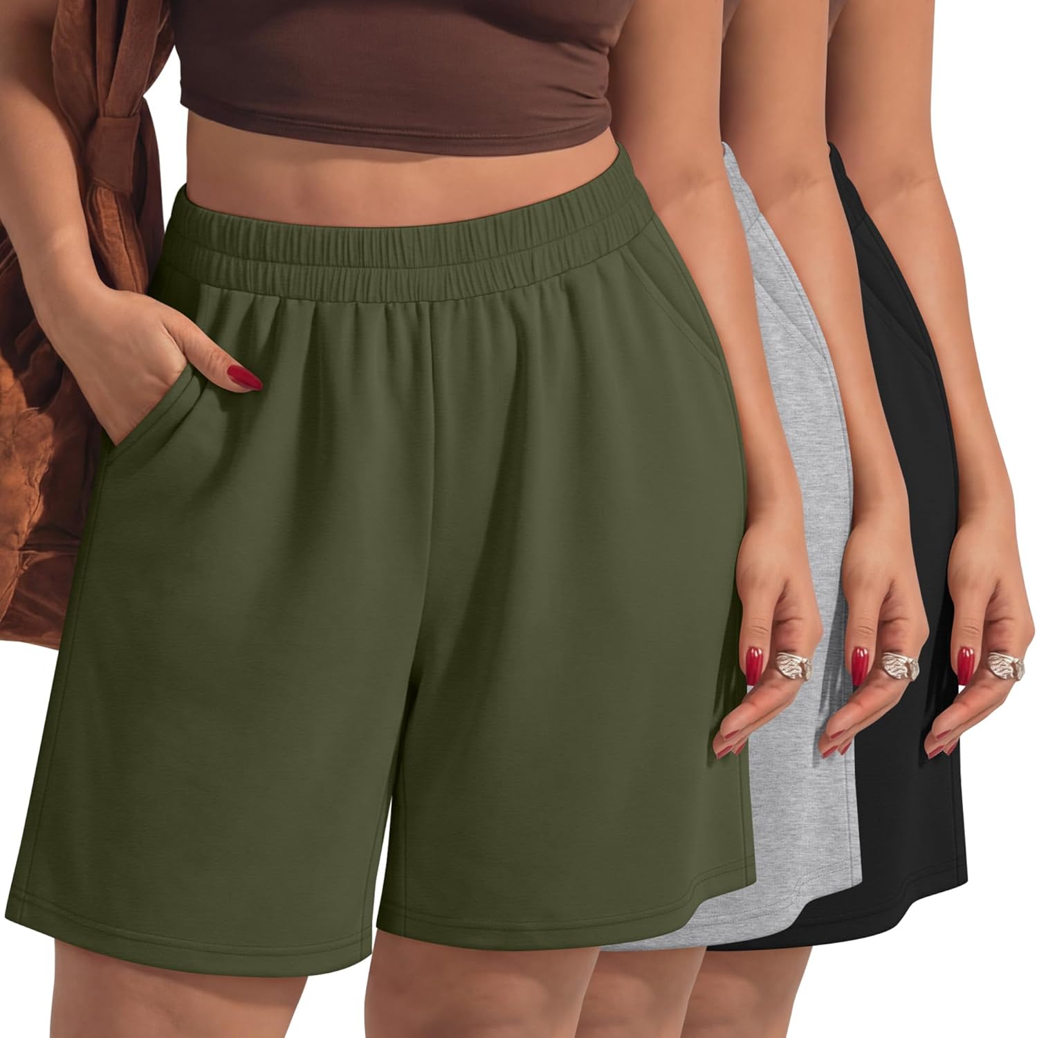 3 Pack Women Plus Size Bermuda Shorts Elastic High Waisted Casual Pants with Pockets Loose Summer Lightweight Shorts