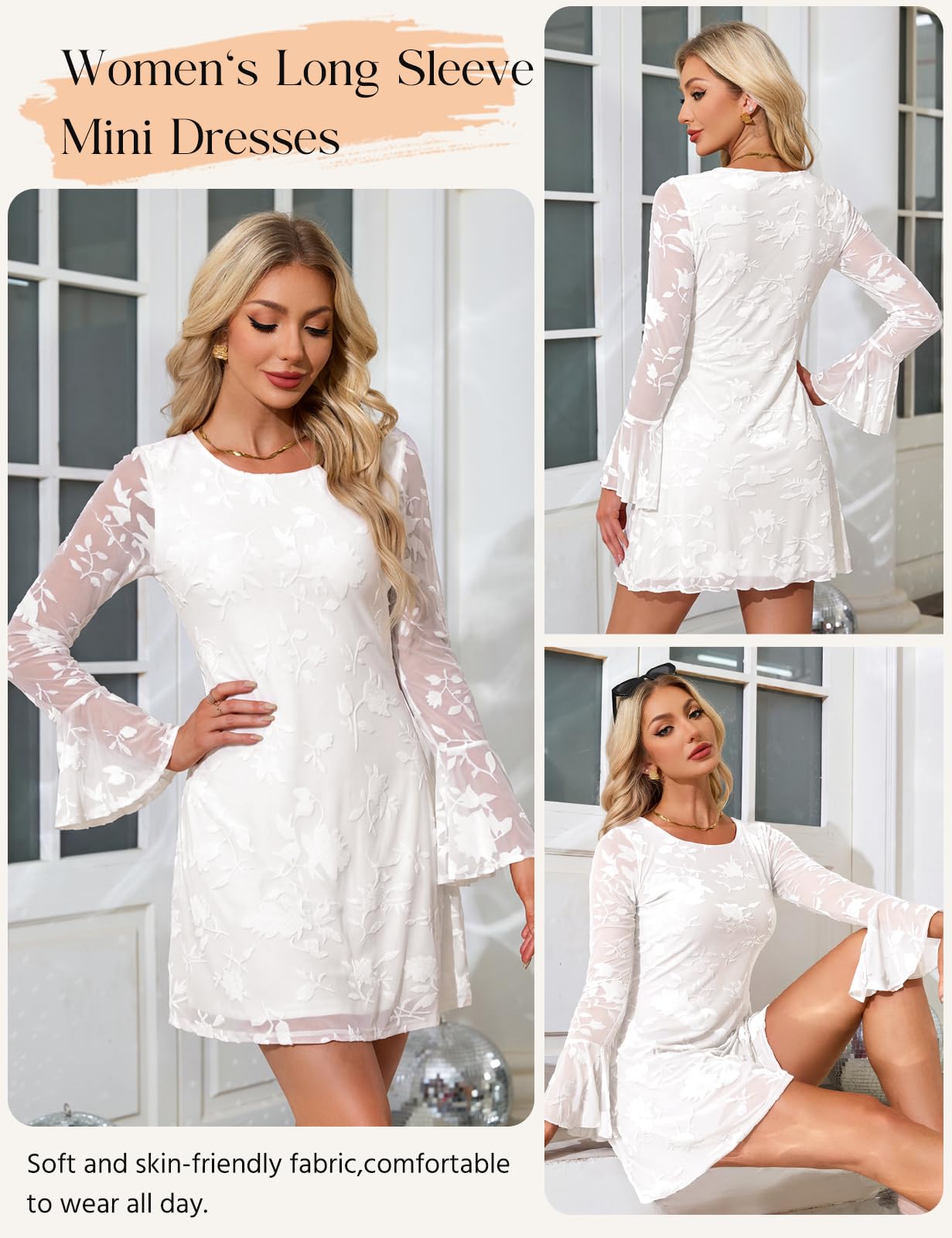Robe Femme Manches Longues Mini Robe Soiree Chic et Elegant | Robe Cocktail, à Col Rond, Robe Manche Longue, Trapeze, Dentelle, Robe Ceremonie Sexy, Portefeuille,Automne, Hiver