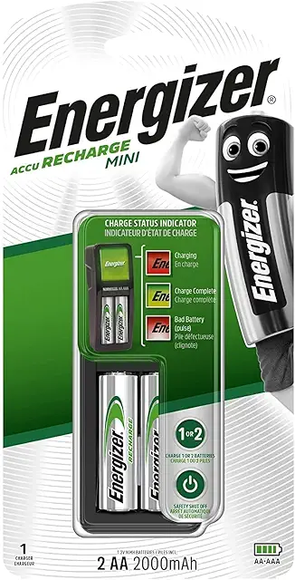 Imagen relacionada con Energizer - Cargador MINI con capacidad de 2 pilas AA, 2000 mAh, con indicador de la carga de la pila, auto-desconexión evitando sobrecarga