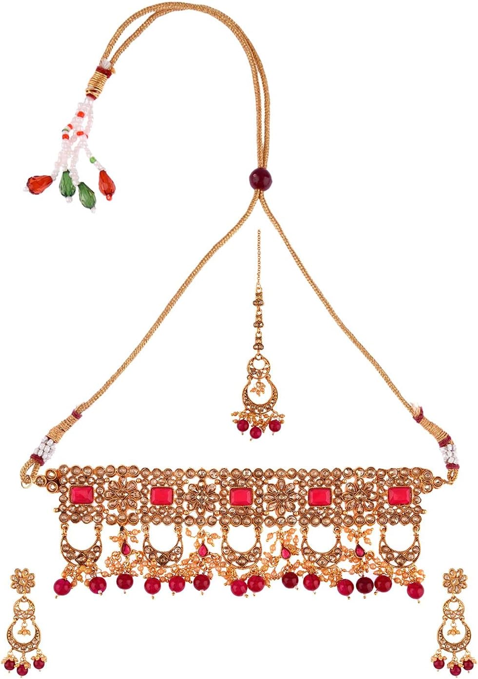 Efulgenz Indian Jewellery Choker Kundan Faux Pearl Necklace Earrings Maang Tikka Head Chain Bollywood Wedding Bridal Jewellery Set, Red