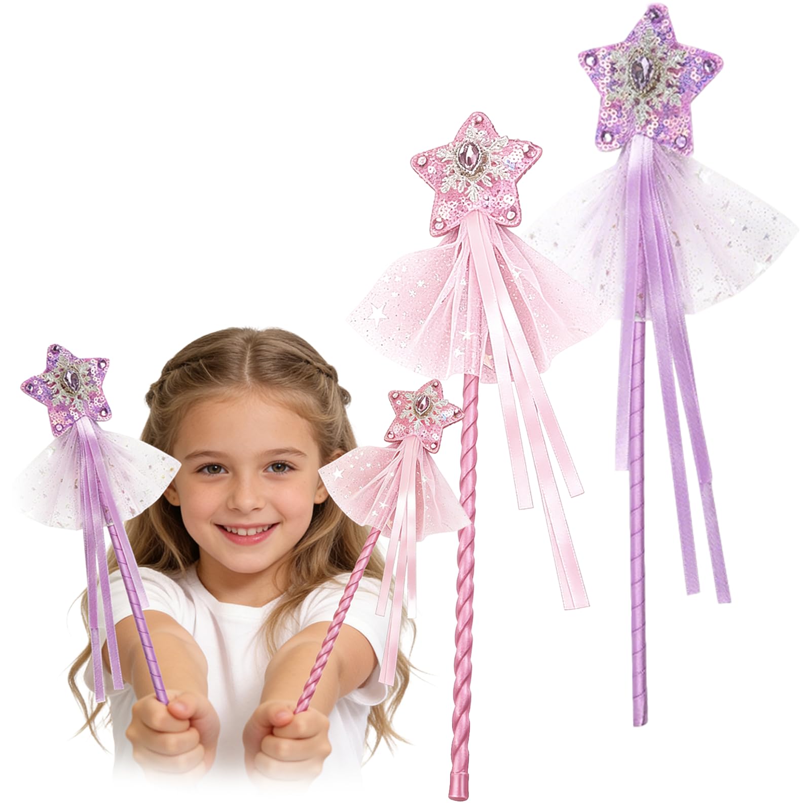 Ehuixinsheng 2Pcs Fairy Wands,Glitter Star Wand Princess Angel Magic Wand Sticks with Diamond for Birthday Halloween Christmas Party Princesses Costume Role Play Props Accessories(Pink+Purple)