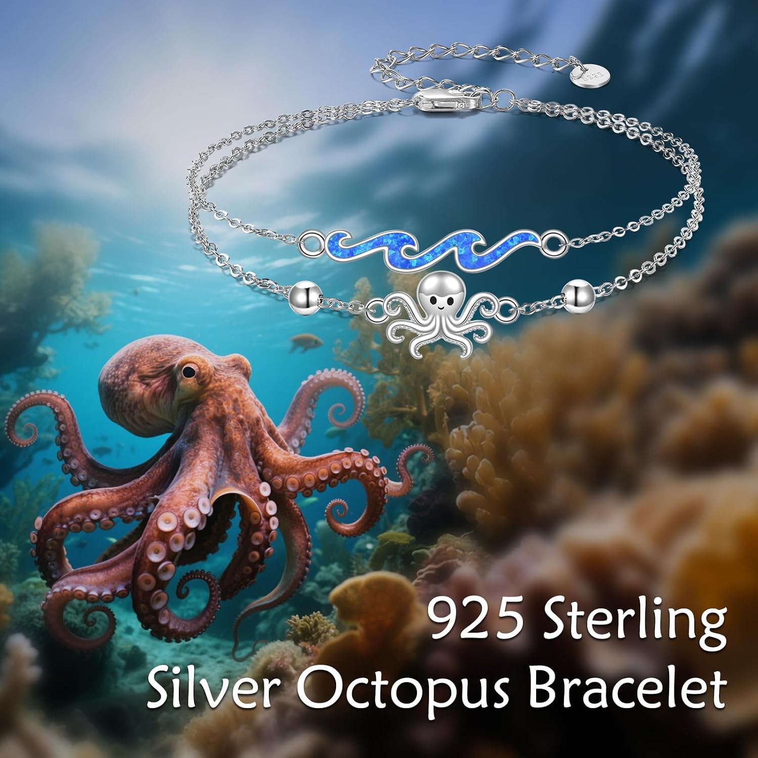 URONE Ocean Bracelet For Women 925 Sterling Silver Whale/Dolphin/Turtle/Octopus Bracelet Blue Opal Wave Bracelet Adjustable Beach Jewelry Gift for Women