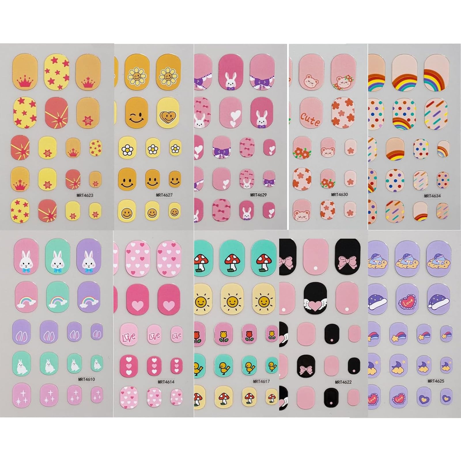 10Sheets Colorful Kid Nail Stickers Full Nail Wraps for Kids Girls Self Adhesive Nail Strips for Nail Art Decoration Fun Including Rainbow Heart Rabbit Flower Fruit Moon Sun for Age 7 and Older…