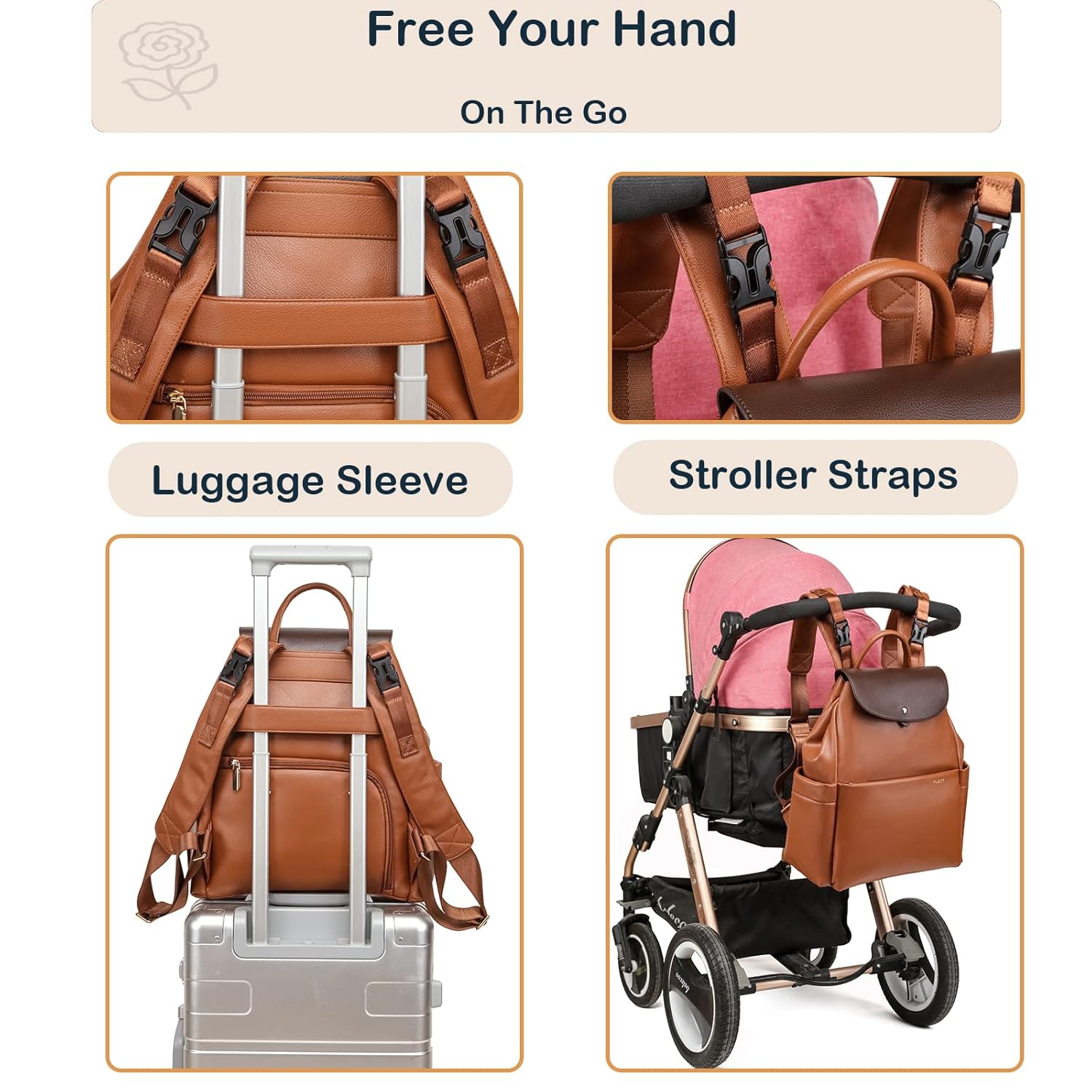 Leather Diaper Bag Backpack, 14 Pockets, Fashion Diaper Bag Leather with Changing Pad, Stroller Straps, Travel Essential Large Diaper Bag, Unisex, Brown