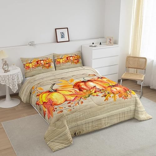 Miniatura 2 de Juego de edredón de cosecha de otoño con diseño de hojas de granja y calabaza, juego de ropa de cama rústica con puerta de granero, diseño de arce