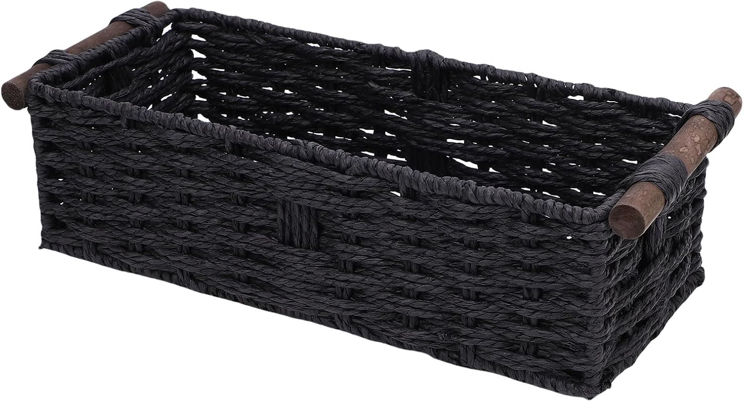 Paper Rope Storage Basket Handmade Woven Decorative Storage Bin Toilet Tank Topper Paper Basket for Shelves Countertop (Black)