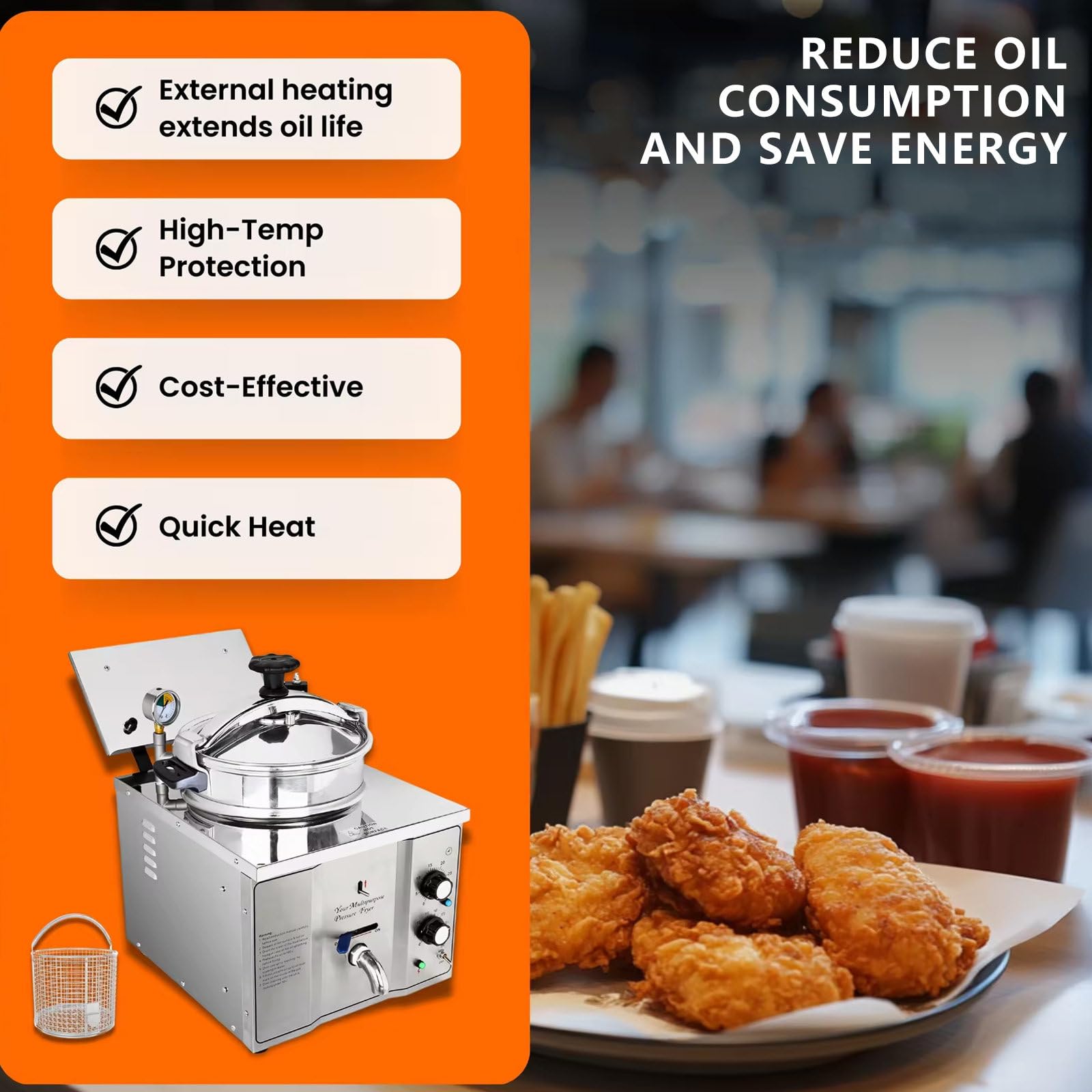 Freidora EléCtrica De 3000 W, Acero Inoxidable, Freidora De Pollo A PresióN De Alta Resistencia De 200 ℃, Temporizador De 0-30 Minutos