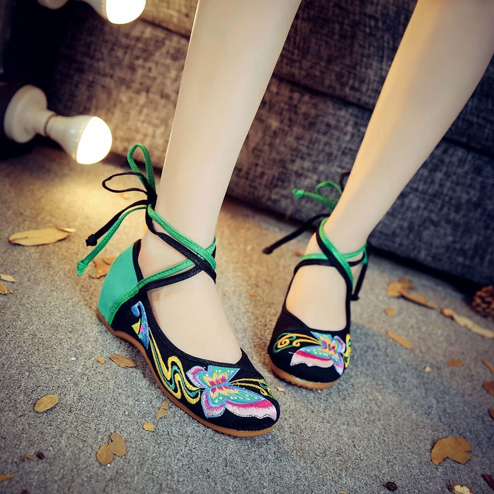BININBOX Women's Chinese Traditional Butterfly Embroidered Oxfords Sole Cheongsam Walking Mary Jane Dance Shoes Vintage Casual Flats