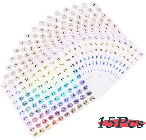 Miniatura 2 de Mini Skater 15 hojas de 1 a 100 adhesivos reflectantes láser pequeños redondos con números consecutivos autoadhesivos para almacenamiento de