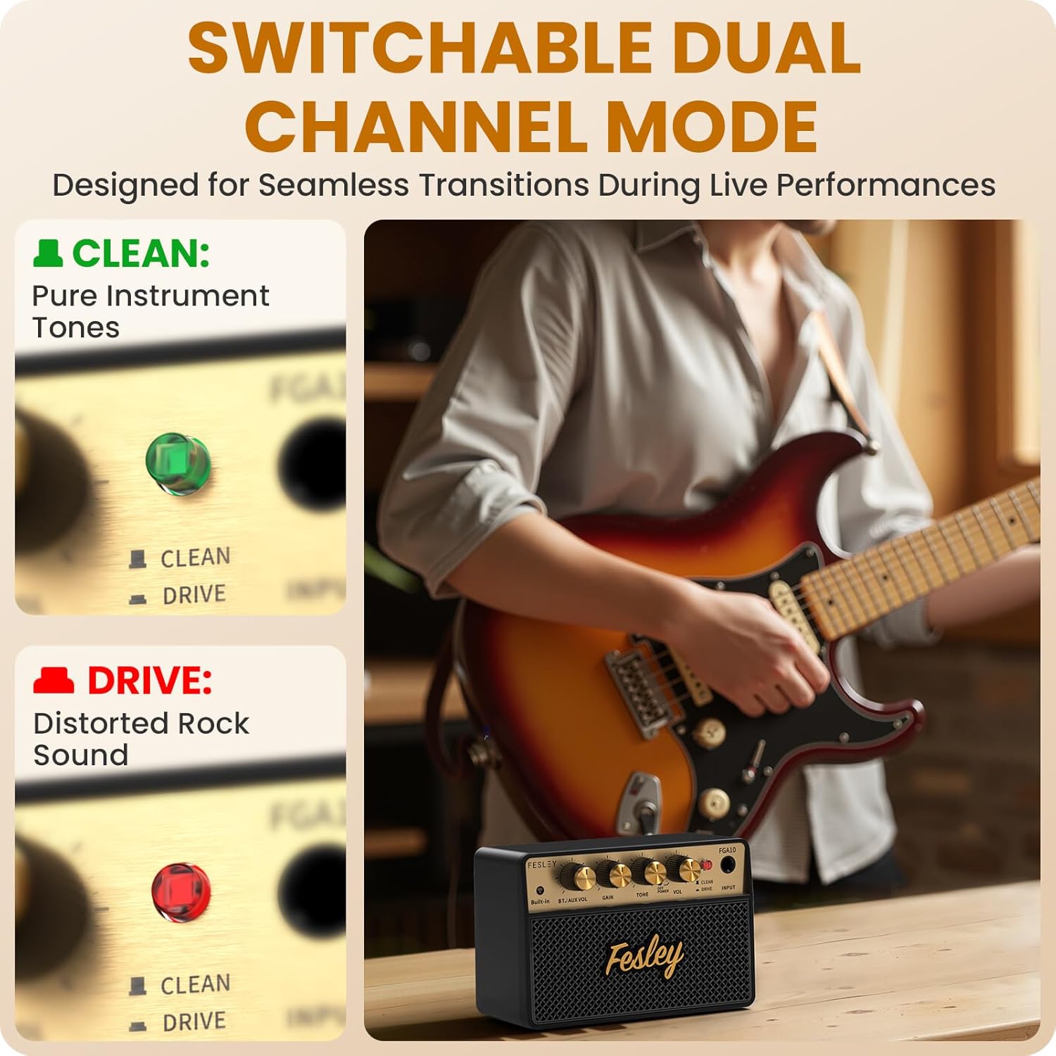 Fesley Mini Guitar Amp: 10W Portable Recharged Guitar Amplifier, Bluetooth Amp with Clean and Drive Channels, Mini Amplificador for Practice with 3.5mm Headphone Output, FGA10 - Image 6