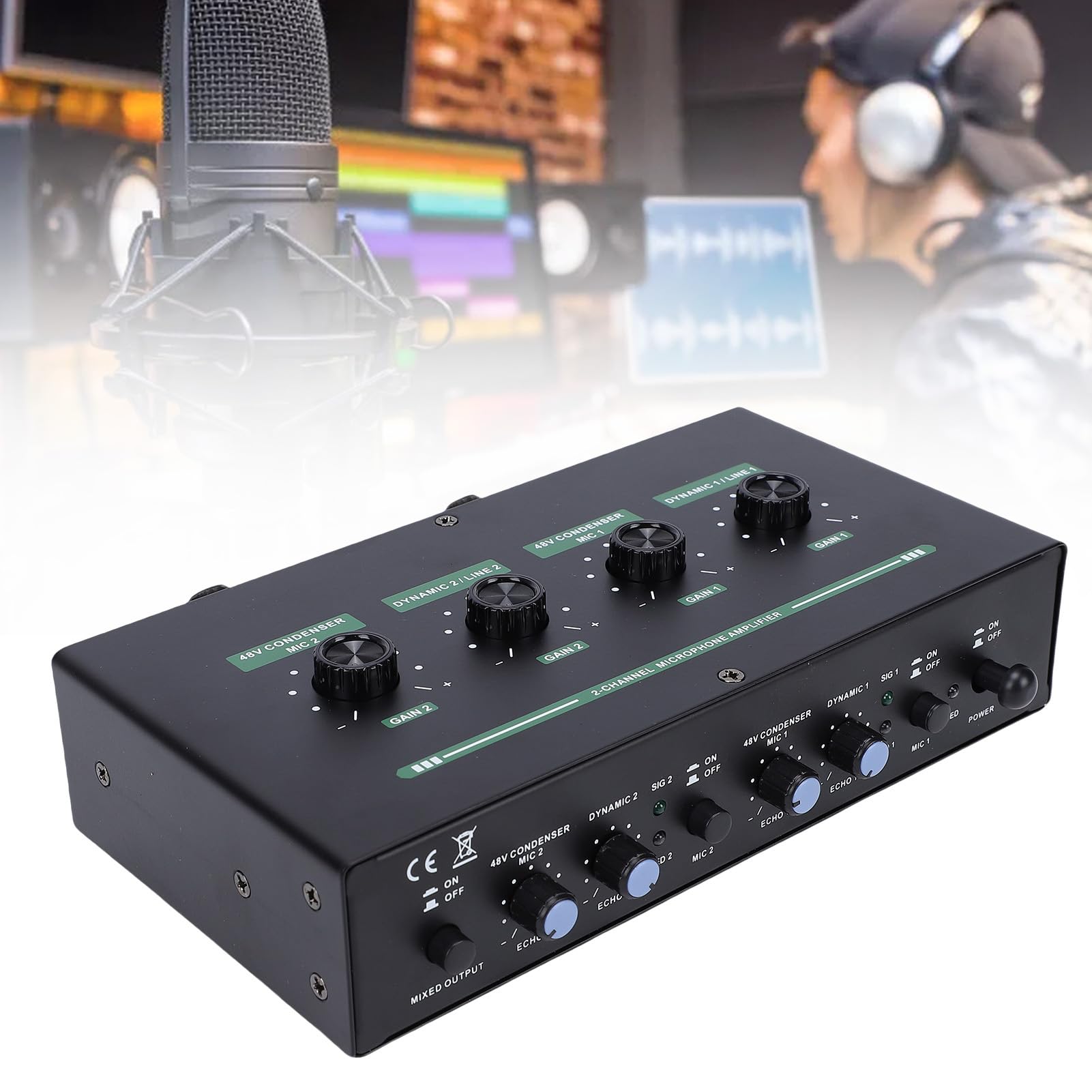 Cuifati 2-Kanal-Phantomspeisung mit 3,5-mm-Audiokabel, Iron Dynamic Condenser Mic Phantomspeisung Mischverstärker für Musikaufnahme-Studioausrüstung