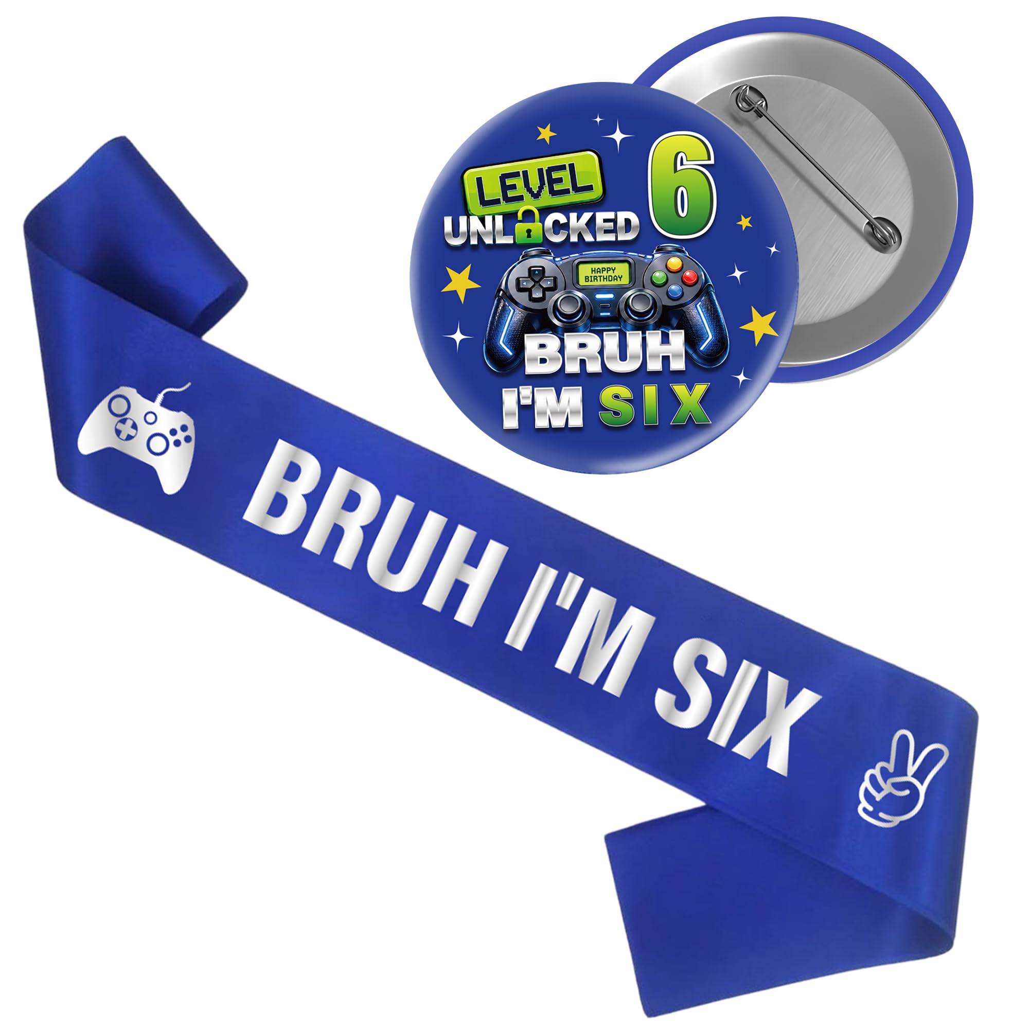 Gaming 6th Birthday Sash Badge - 2 Pcs Blue 6 Game Themed Birthday Gifts