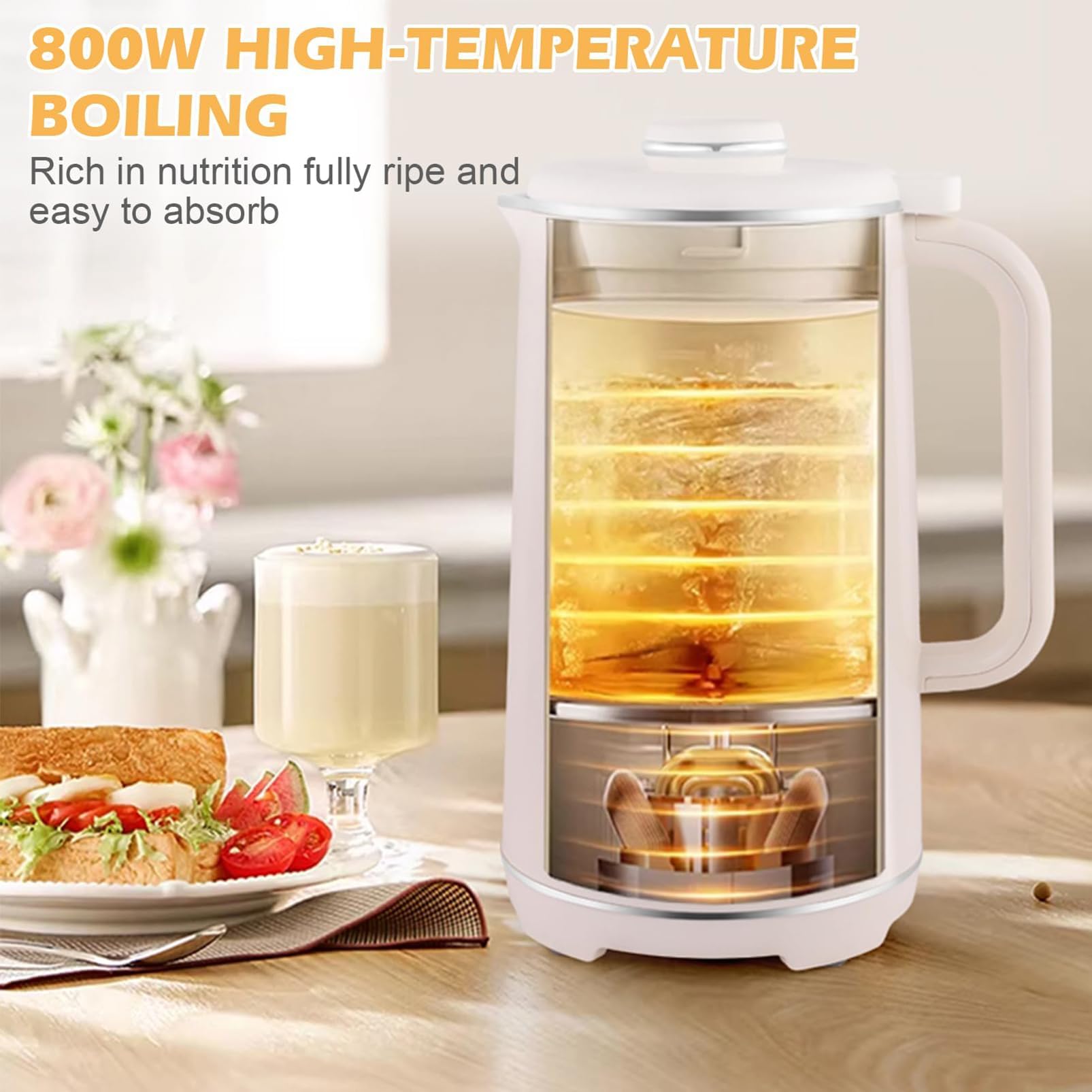 Automat do mleka sojowego 1,2 l, maszyna automatyczna z 12-ostrzaowym nożem | Ekran LED, timer 18h, podtrzymywanie ciepła 2h, samooczyszczanie, do domowego mleka roślinnego