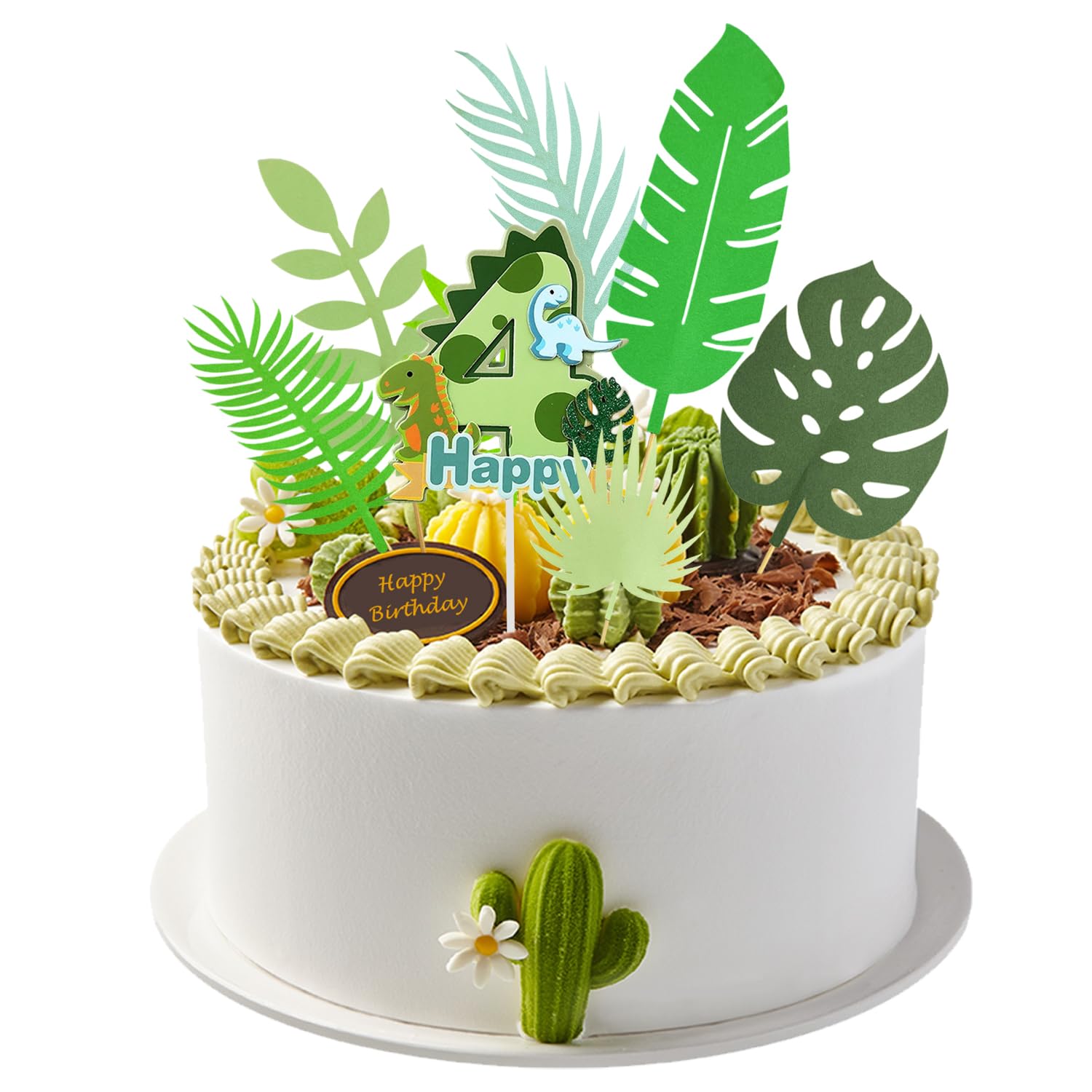 Rnfksu Green 1 Piece Of 4-Year-Old Dinosaur Insert, 7 Pieces Of Leaf Insert, Cake Dessert Decoration, Birthday Celebration Accessories, Children's Party Decorations.