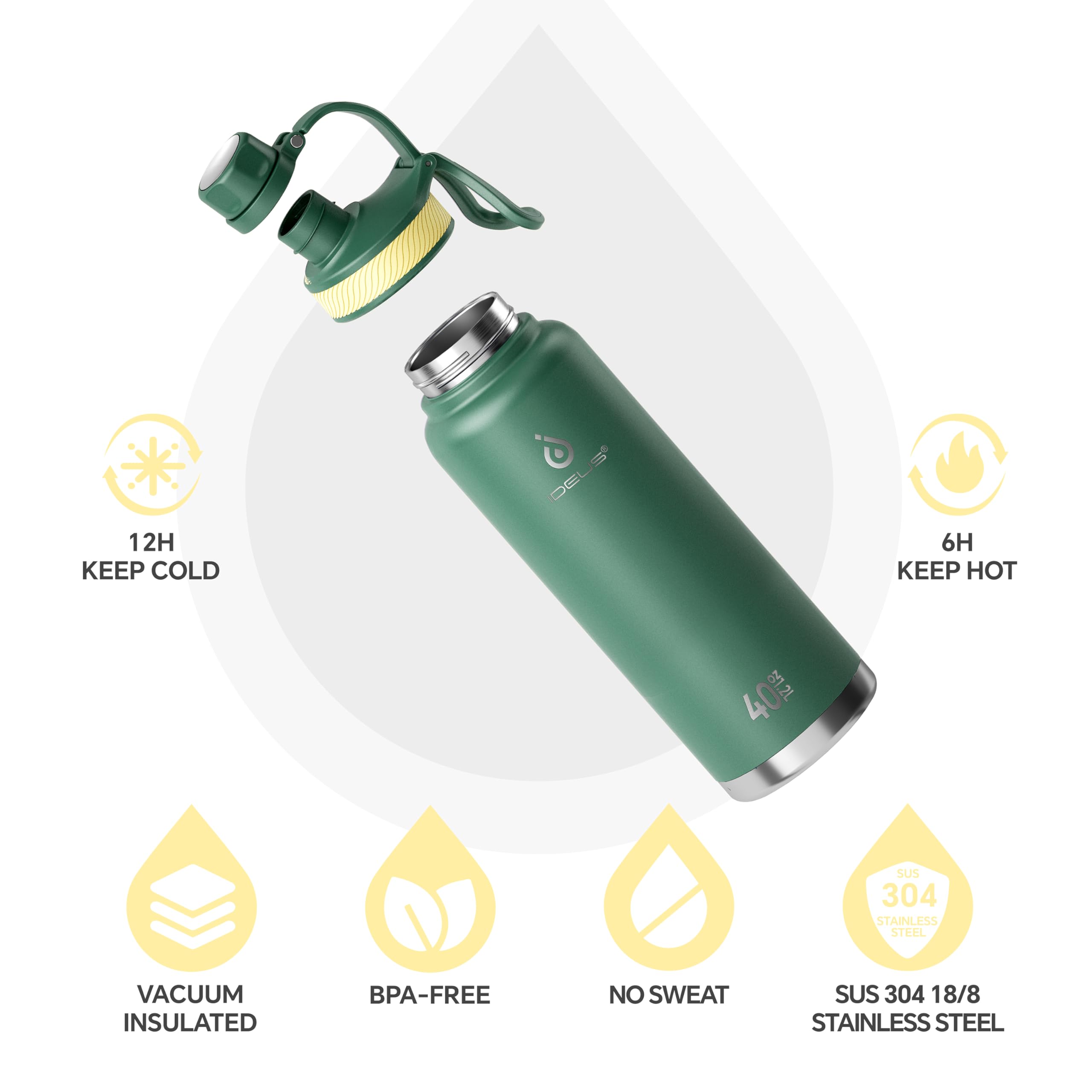 IDEUS Insulated Stainless Steel Water Bottle with 2 Leak-Proof Lids, Thermal Water Flask for Hiking Biking, 40oz, Green