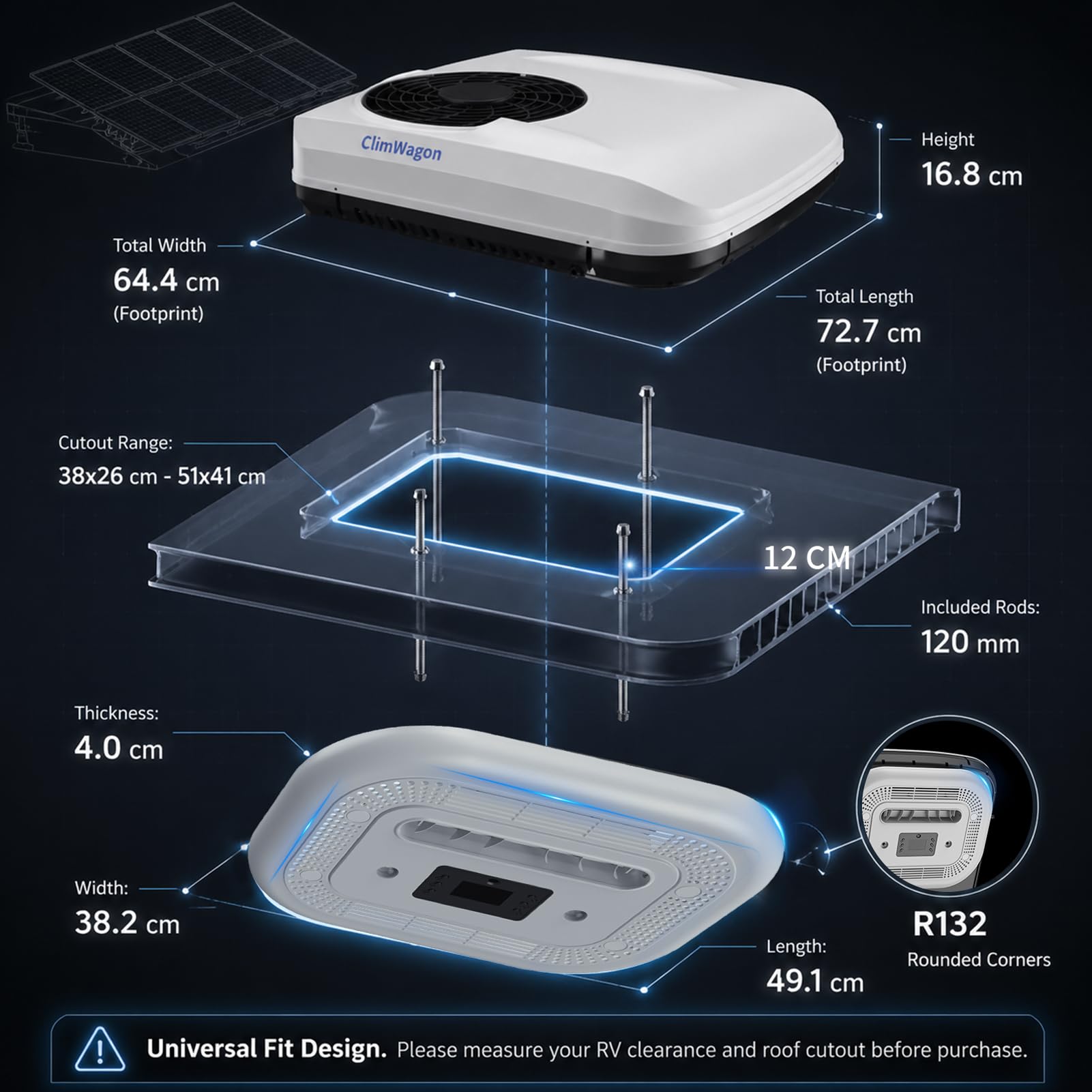 K202 Aire Acondicionado 12V para Caravana y Coche, Climatizador de Techo Solo Frío 10000 BTU, Compresor Inverter Scroll, Sistema Precargado R134a