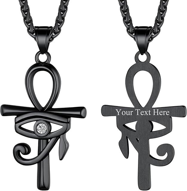 Richsteel Mens Ancient Egyptian Ankh Talisman Pendant Eye of Horus Necklace, Womens Egyptian Cross Amulet Jewellery, Stainless Steel Chain 22"-24", Name Engravable, Come with Gift Box