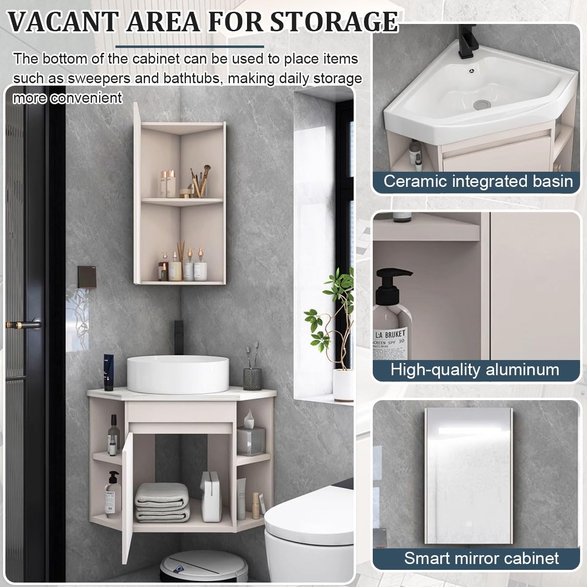 Mueble De Baño De Esquina con Lavabo, Lavabo De Esquina De Pared Que Ahorra Espacio con Espacio De Almacenamiento, Espejo Y Accesorios para Baños Pequeños.,43cm