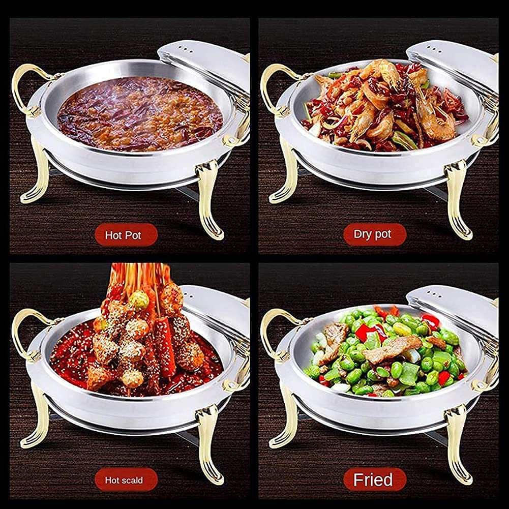 Hot Pot Buffet Round Set, Chafer Buffet Calentador con Pan, Estufa, Tapa Visible Y Rejilla De Combustible, Usado para Bodas, Fiestas, Banquetes-A