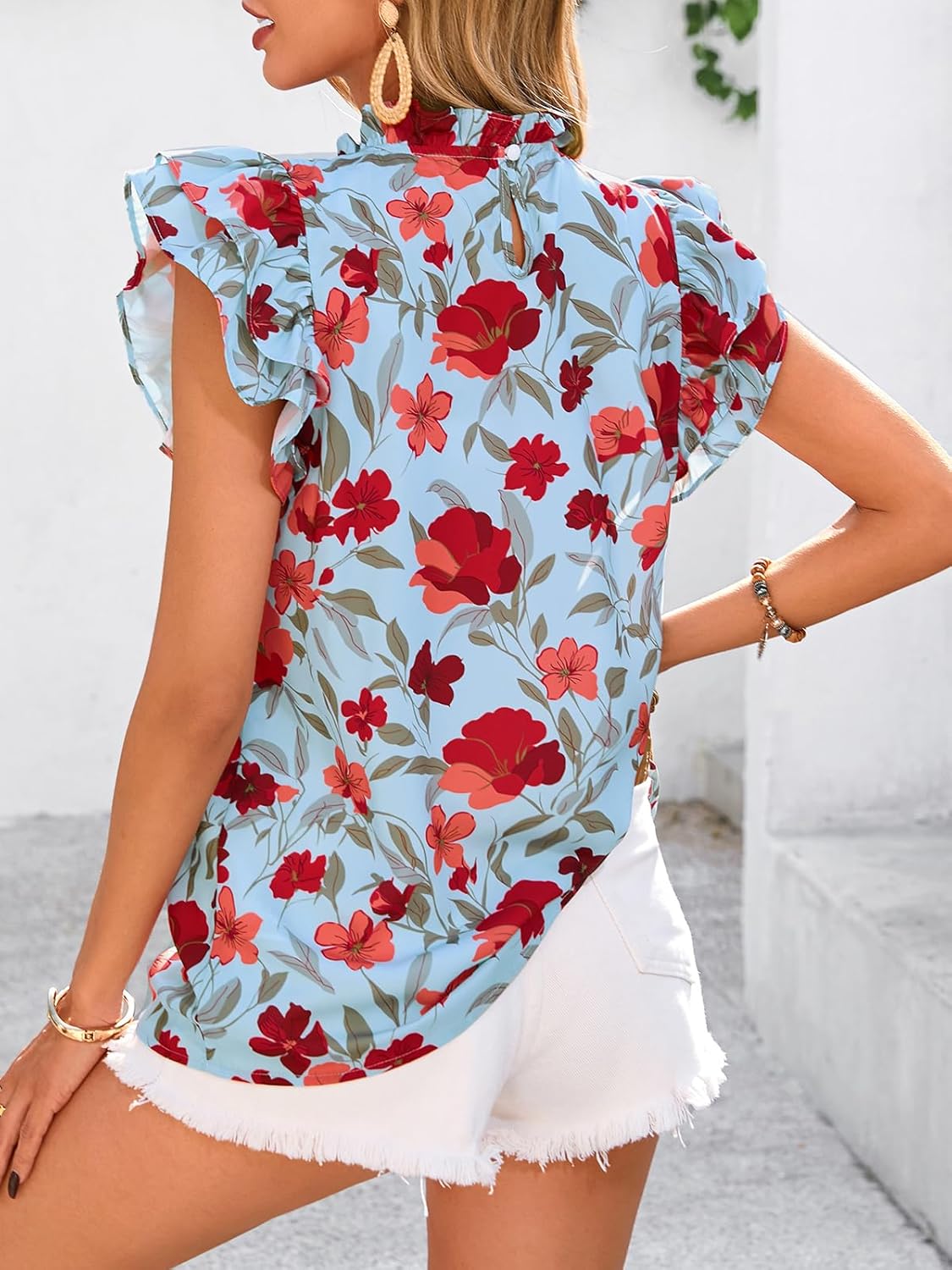 PRETTYGARDEN Women's Ruffle Short Sleeve Summer Tops 2026 Trendy Floral Trim Neck Casual Dressy Chiffon Boho Blouses Shirts - Image 5