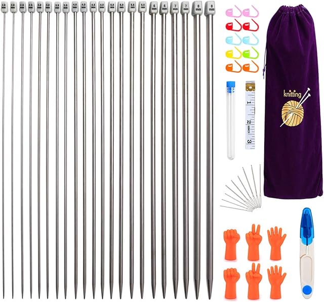 MoneRffi Knitting Needle Set 22pcs Stainless Steel Sweater Knitting Needles Kit 2mm-8mm (11Pair-11 Size) with Case Bag