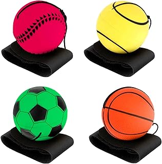Pack of 4 Wrist Return Ball with Cord - Springball for Children and Adults - Rubber Rebound Ball for Games and Wrist Exercises