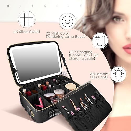 Miniatura 3 de Estuche de maquillaje de viaje, bolsa de maquillaje de viaje con espejo iluminado, bolsa de maquillaje portátil, organizador de 3 ajustes de color,