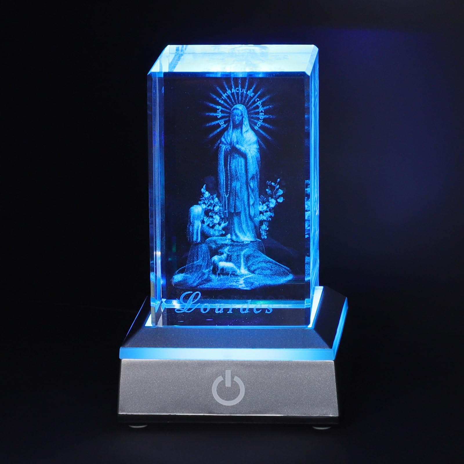 3D Crystal Figurine Statue with LED Light Base, Laser Engraved Our Lady of Lourdes Statues Praying Blessed Virgin Mother Mary Figure Catholic Religious Home Decor