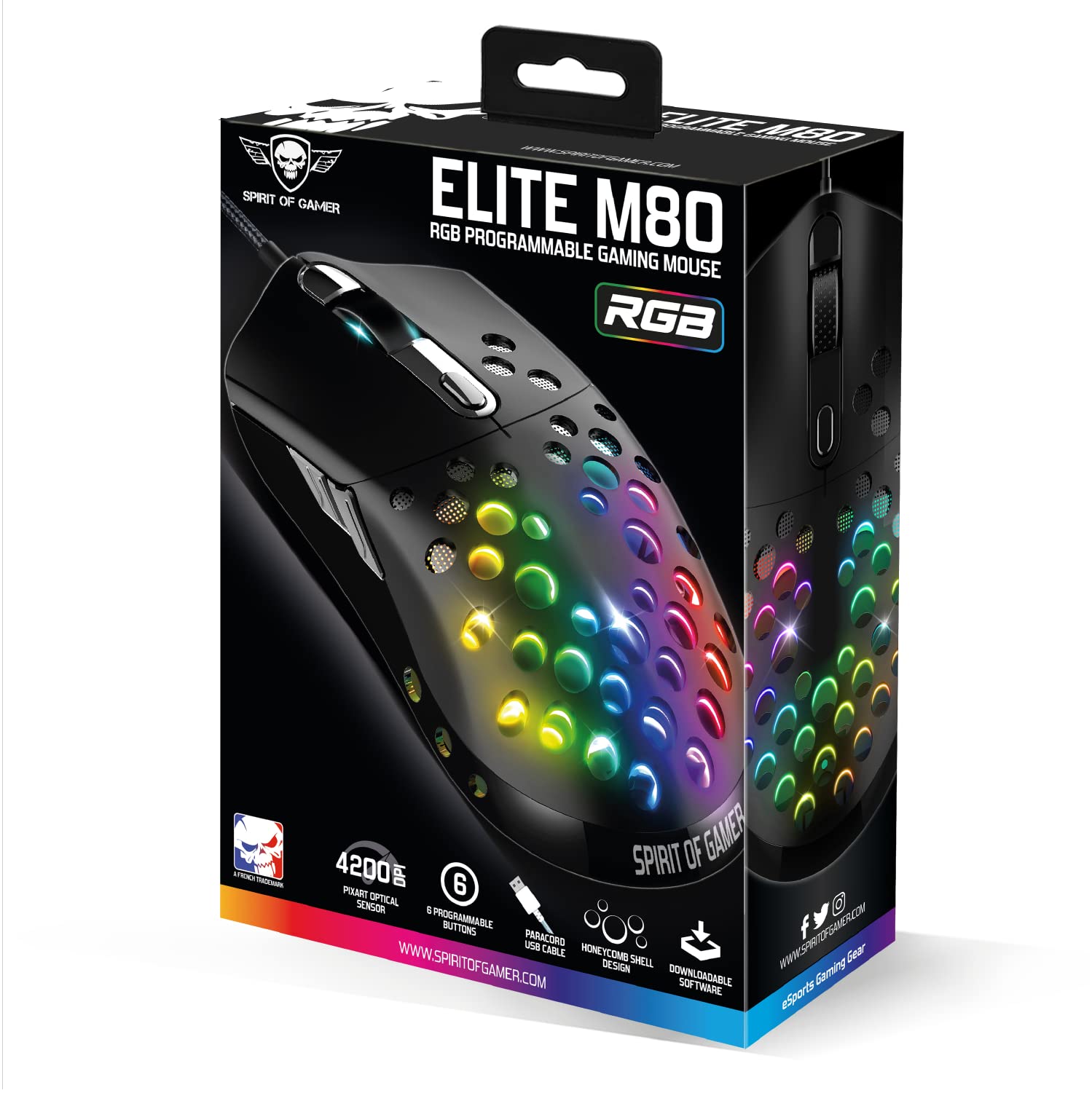 Spirit Of Gamer - ELITE M80 - Souris Gaming RGB ultra-légère - Câble flexible - Capteur optique 4200 DPI - 6 boutons programmables - Coque perforée en nid d'abeille noir - Poids : 68 g