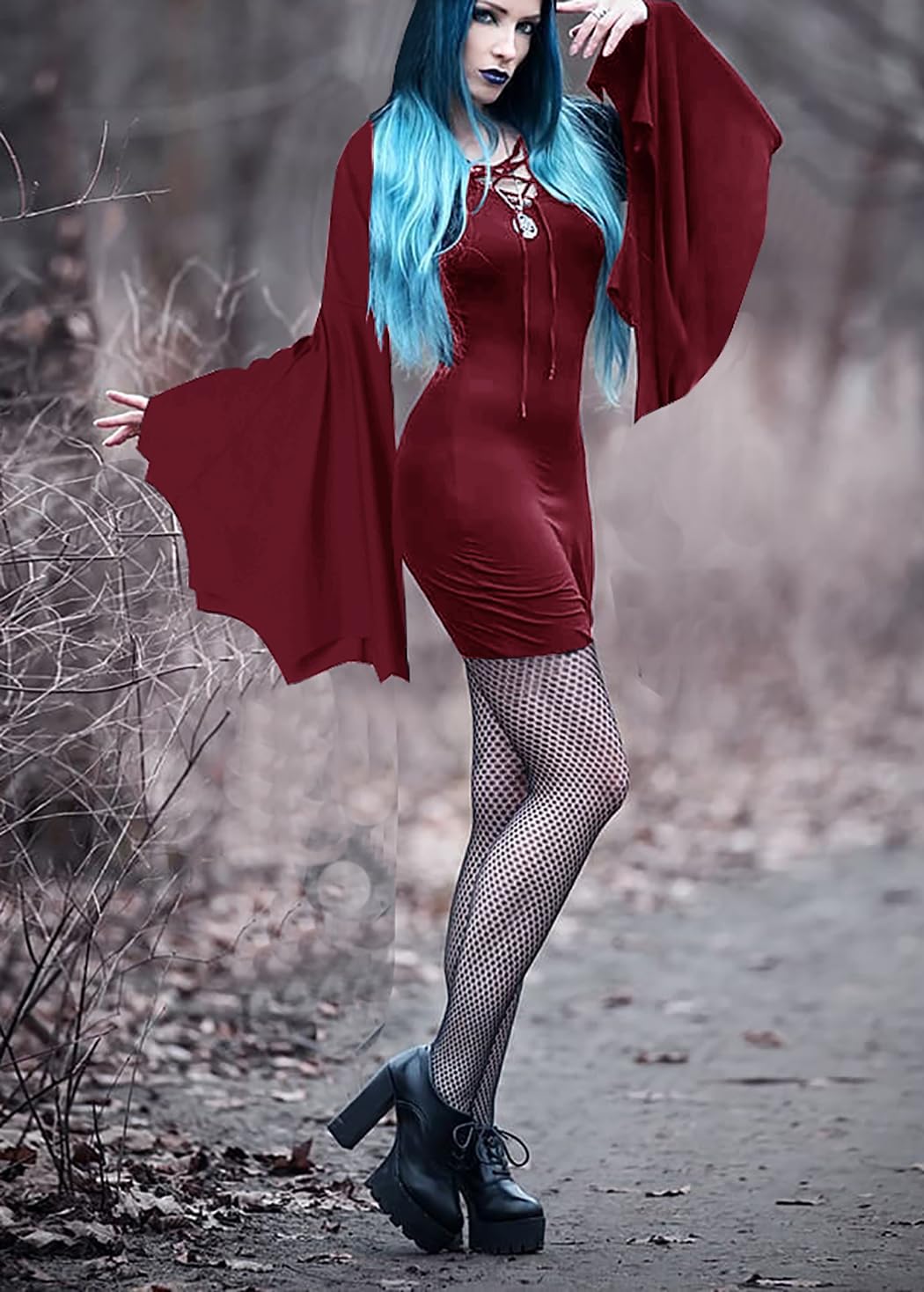 YEAXLUD Costume da vampiro da donna, a maniche lunghe e larghe, costume da Morticia Addams, vestito gotico da strega