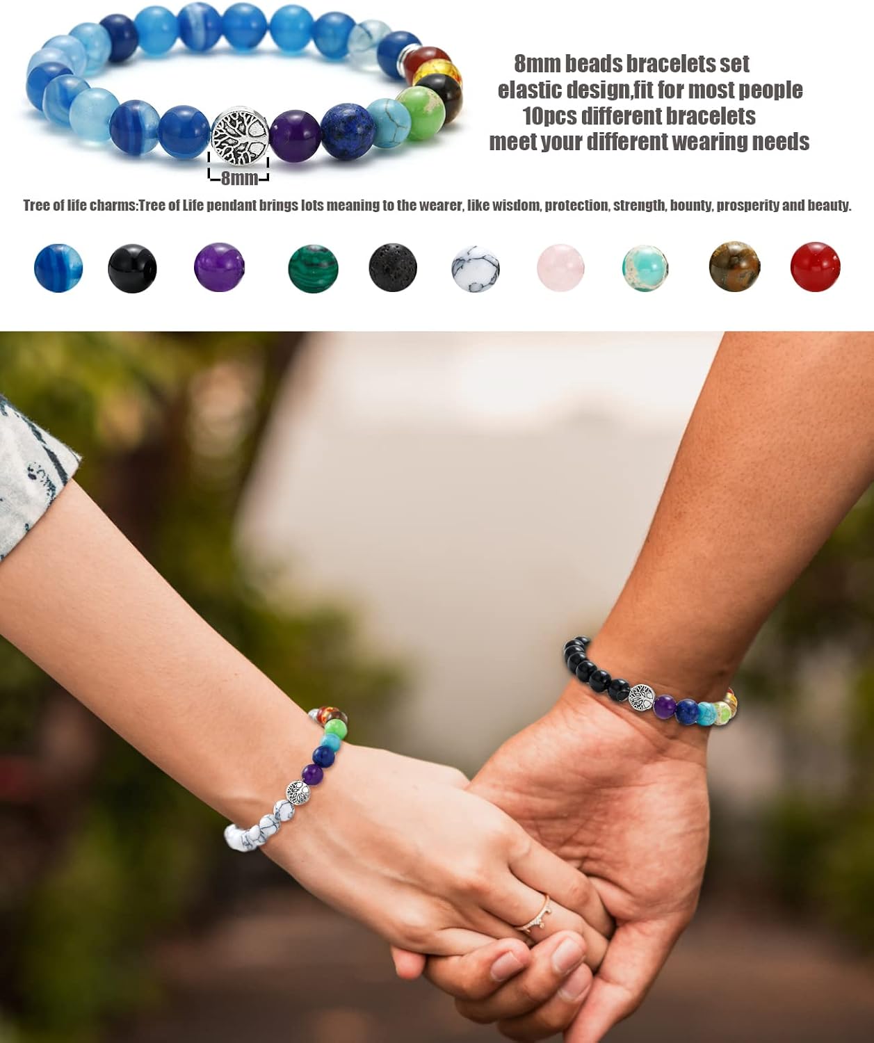 BOMAIL 10Pcs Tree of Life Healing Crystals Bracelet - 7 Chakra Semi Precious Stones Beaded Bracelets Yoga Stress Relief Reiki Stretch Bracelets for Women Men - Image 2