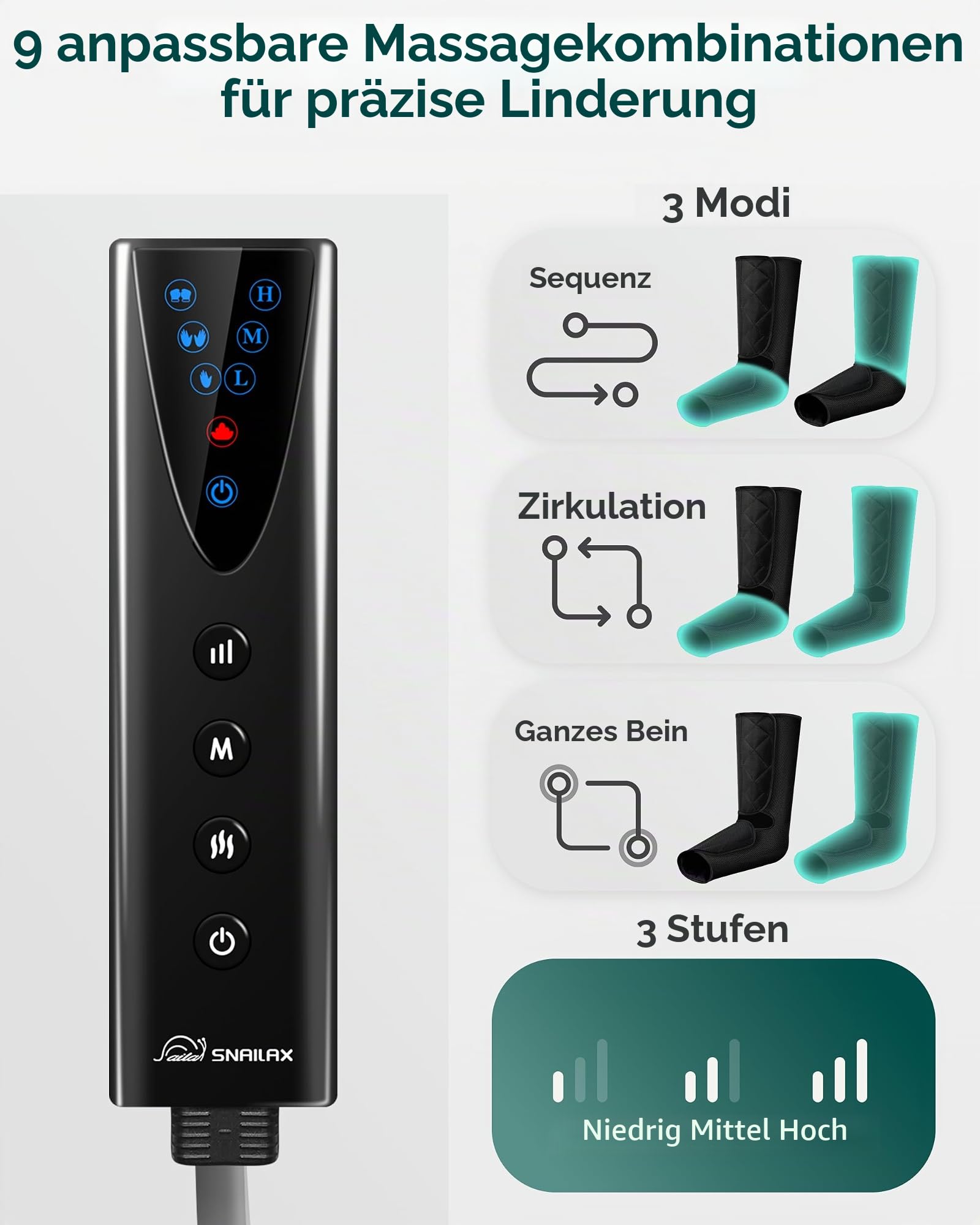 Snailax Beinmassagegerät mit Wärme- und Kompressionsfunktion, Waden- und Fußmassagegerät mit 3 Modi und 3 Intensitätsstufen, Kompressionsmassagegerät mit Handsteuerung, Geschenk