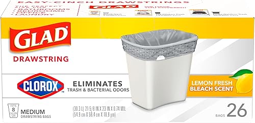 Miniatura 7 de Glad Bolsas de basura medianas con cordón Clorox, 8 galones, aroma a limón fresco, 26 unidades