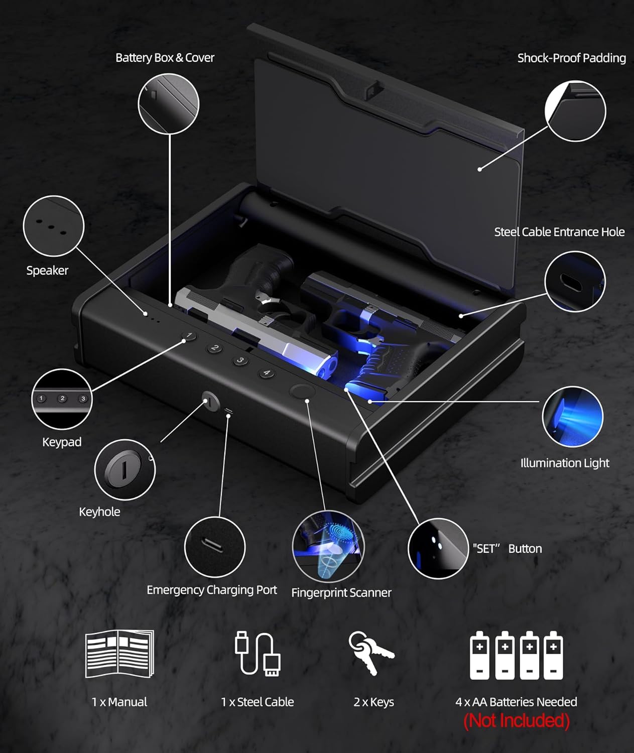 Gun Safe For Handgun, Gun Case, Biometric Gun Safe For Car, Pistol Safes With Fingerprint|Passcode|Key Unlock, Full Voice Prompt Gun Lock Box with Cable, Charging Port