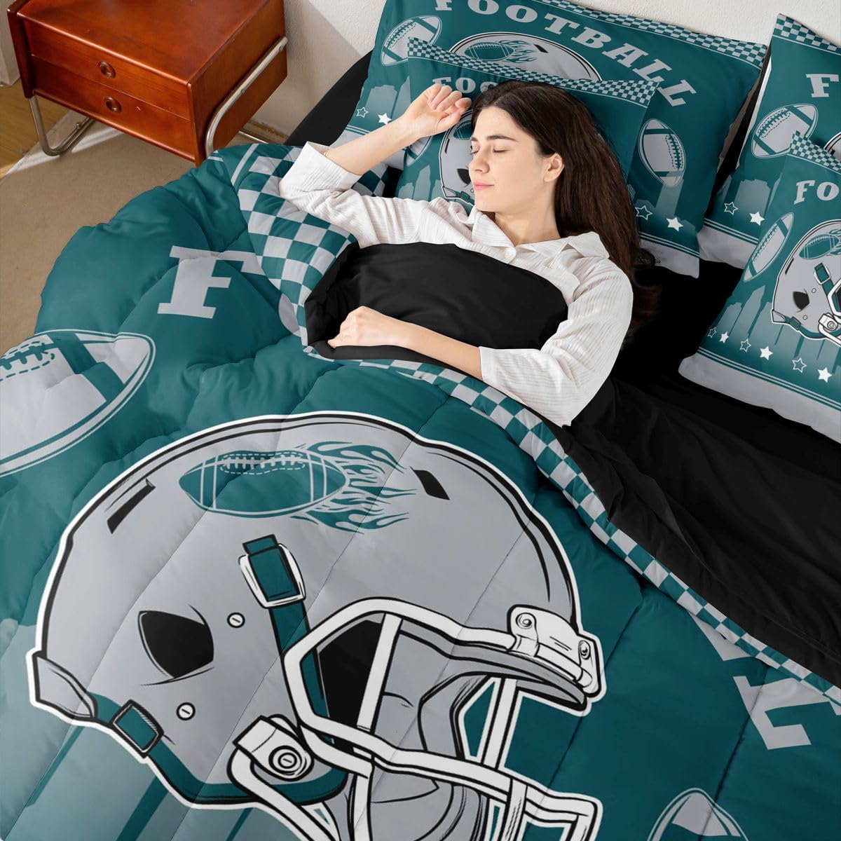 Erosebridal Sports Bedding Set Boys Football 7 Pcs Comforter Set Queen for Football Gifts,Sport Rugby Bed in A Bag with Flat and Fitted Sheet Yellow and Black Room Decor