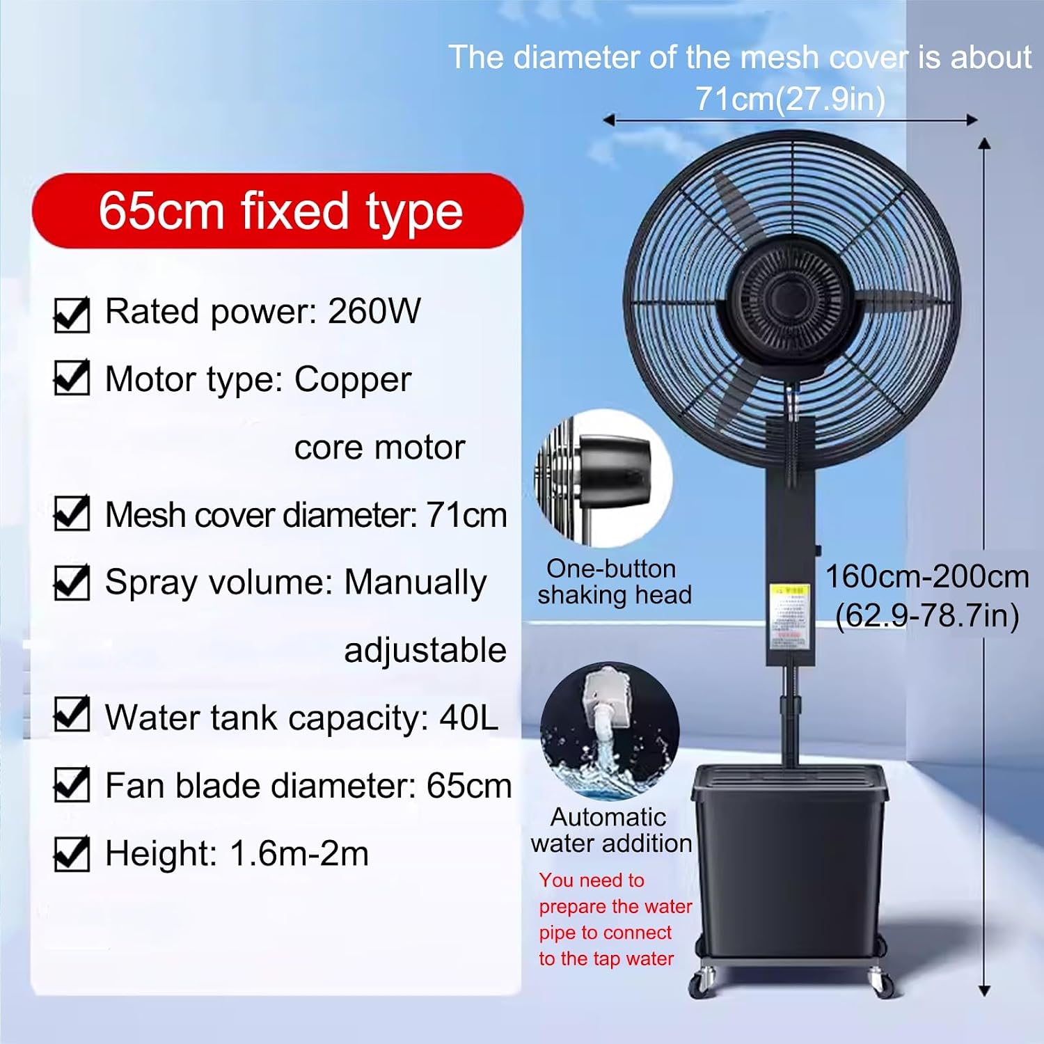 Industrial Spray Fan, Outdoor Misting Fan, Oscillating Pedestal Fan, 3 Cooling Speeds, 40L Tank, 90° Oscillation, Automatic Water Addition(65cm)