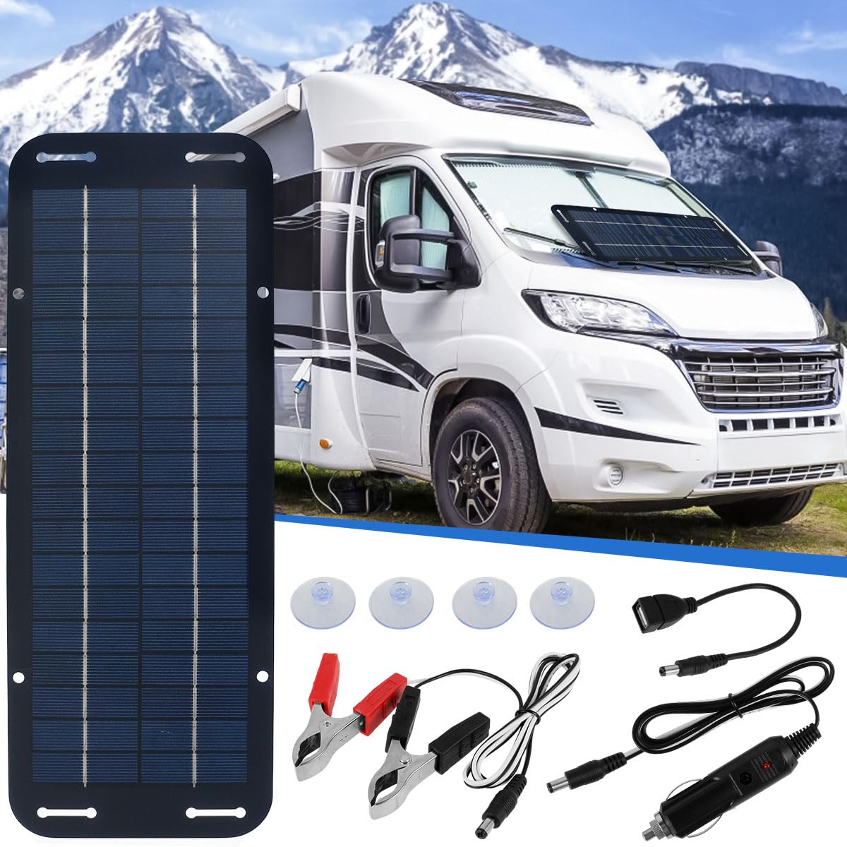 Solar Panel Kit - 12V Solar Trickle Charger, IP65 Portable Solar Powered Charger Kit with 4 Suction Cups, High-Efficiency Car Battery Charger Maintainer for Car RV Boat Motorcycle-image-49