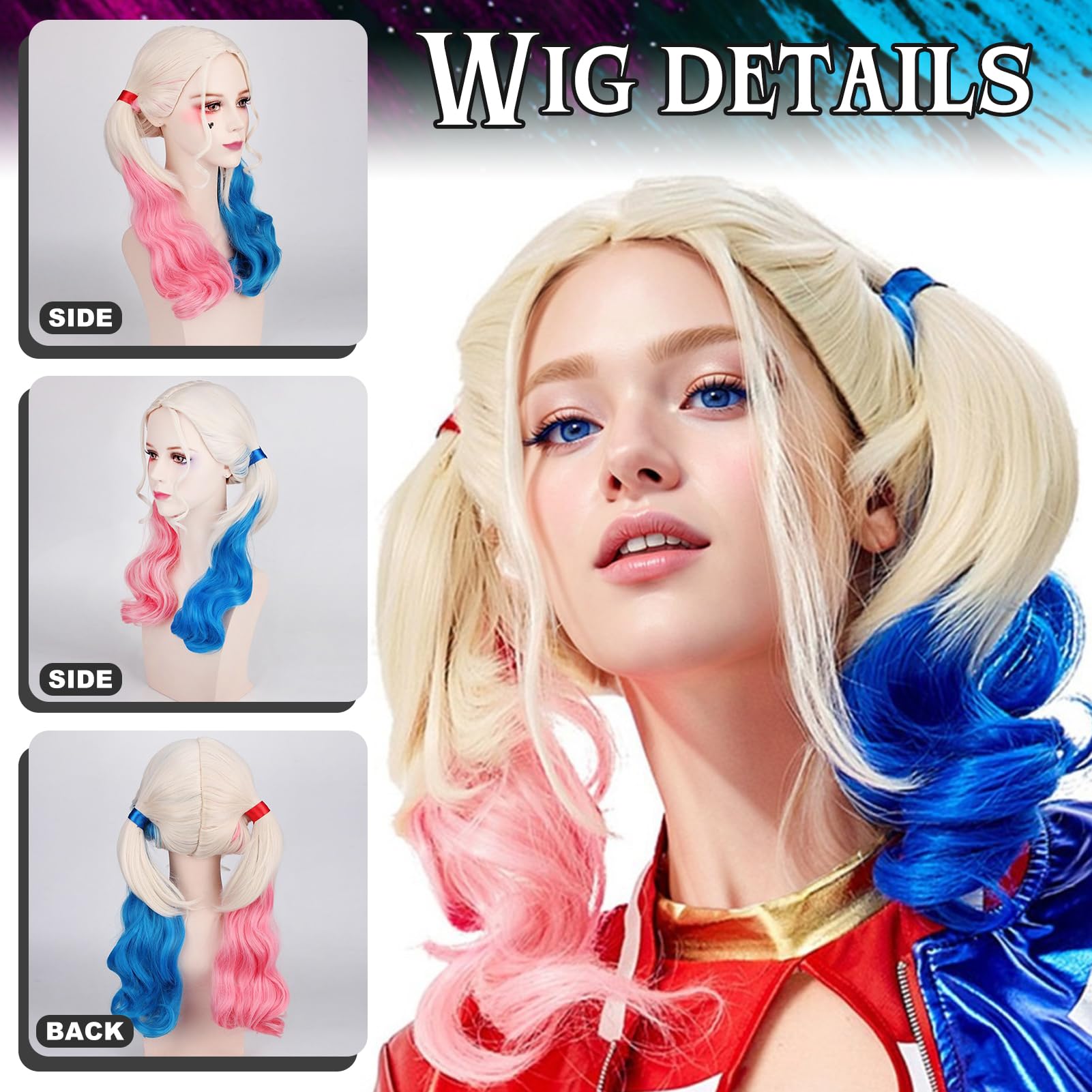 Shinybox Peluca De Cosplay Rosa Y Azul – 60 Cm Con Trenza – Incluye Bate Inflable Y Tatuajes Temporales – Accesorios Para Halloween, Carnaval Y Cosplay