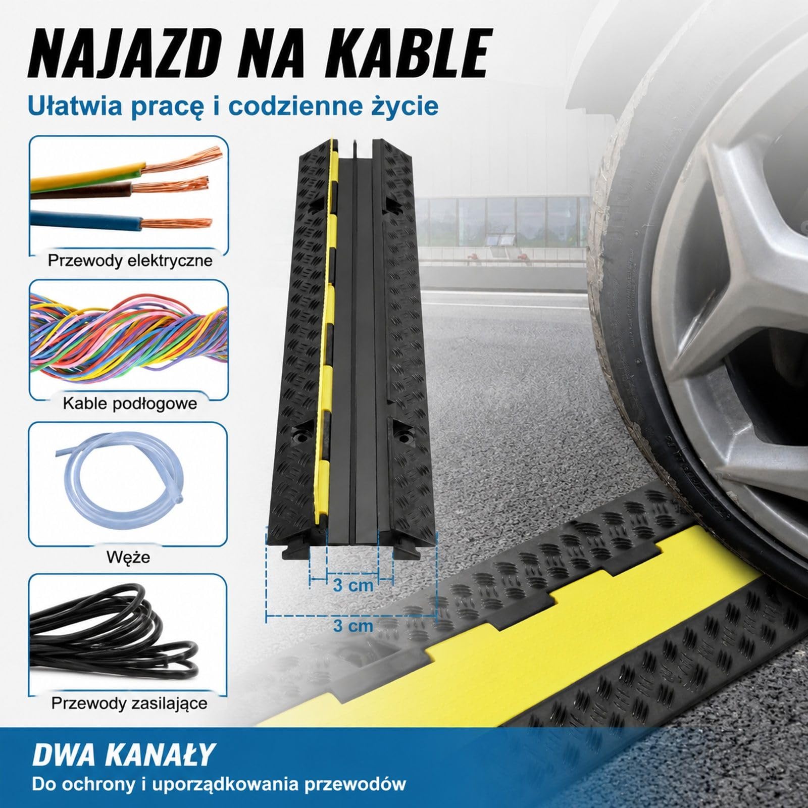 Rampa kablowa zestaw 5 sztuk, 2 kanały, czarno żółta, guma i PVC, do parkingu i prowadzenia kabli