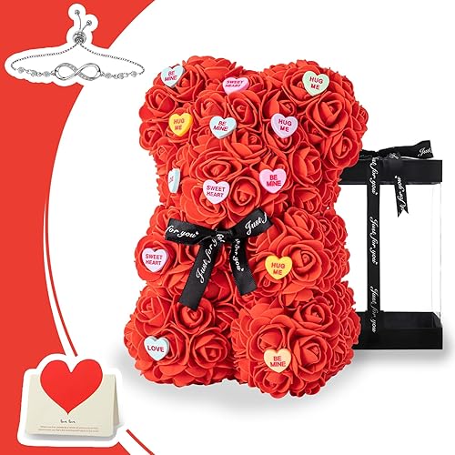 U UQUI Regalos de cumpleaños de oso de rosas para mujeres, oso de flores de cumpleaños y pulseras para mujer, oso de peluche de rosas con corazones