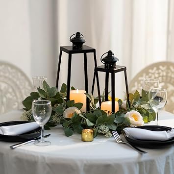 Gold Metal Lantern Decorative Indoor, Set of 2 Wedding Decor | 15 & 12 Hanging Candle Lanterns, Farmhouse Outdoor Decor, for Front Porches, Table Centerpieces and Mantle Fireplace